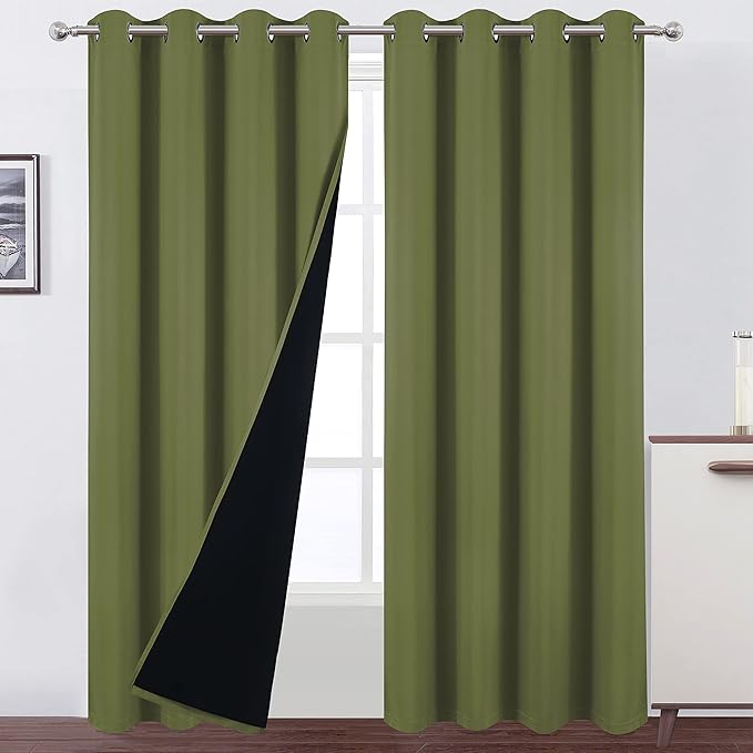 LEMOMO 100% Blackout Curtains 52 x 84 Inch/Olive Green Curtains 2 Panels with Black Lining Room Darkening Thermal Insulated Bedroom Curtains