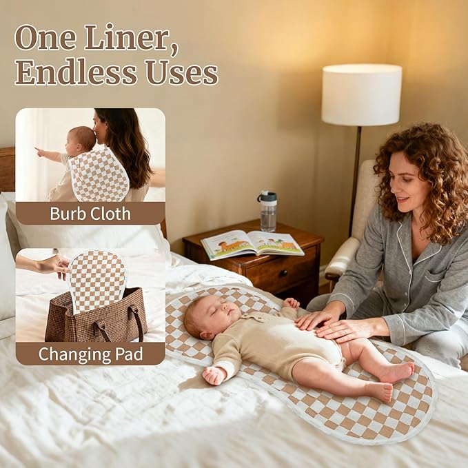 4-Pack Muslin Changing Pad Liners, Extra Thick & Ultra Soft for Warm Comfort, Waterproof Diaper Mat for Keekaroo Peanut & All Standard Baby Changers, 2-Sided Reusable (Brown)