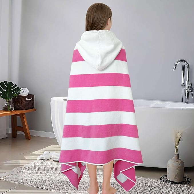 Hooded Bath Towel Wrap for Teens/Big Kids (8-14 Years,68"X34") | Soft Fluffy Quick Dry Absorbent 100%Cotton Thick Towel | Versatile Beach, Pool, Swim & Bath Cover-Up | Hot Pink Wide Stripe