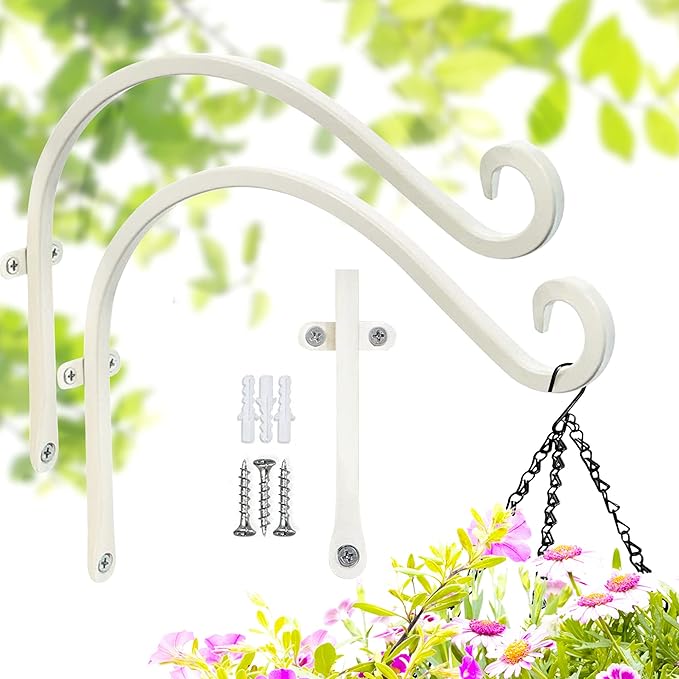 Hanging Plant Brackets Outdoor: 50lbs Weight Capacity - Hanging Plant Hangers Wall Hooks 2 Packs, 12-Inch Wall Mount Brackets for Bird Feeder, Flower Baskets, White