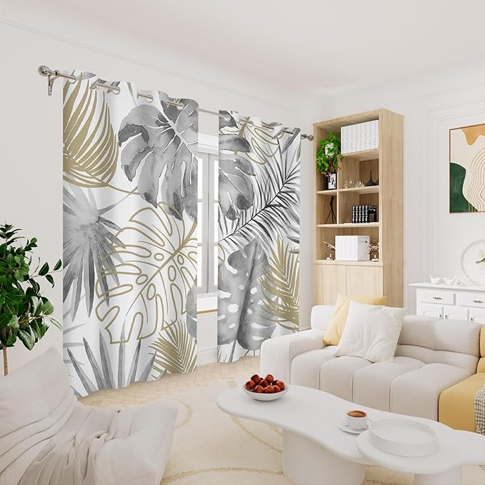 Renaiss Tropical Leaf Blackout Curtains, Gray Palm Monstera Leaf Thermal Insulated Bedroom Window Curtains, Botanical Plants Window Curtains for Kitchen, 45" L x 29" W 2 Panel Set