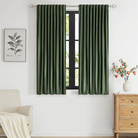 PRIMROSE Emerald Olive Green Velvet Curtains 63 inch Long for Living Room,Set of 2 Panels Blackout Rod Pocket Back Tab Window Treatment Room Darkening Heavy Decorative Curtains Drapes for Bedroom