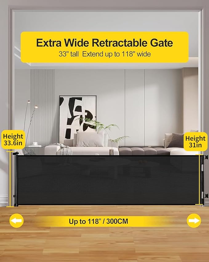 118 Inch Extra Wide Retractable Baby Gate,Mesh Large Gate or Mesh Pet Dog Gate, Opening Wide Extra Long Child Safety Gate for Indoor Baby Fence, Outdoor, Stairs, Deck (Black)