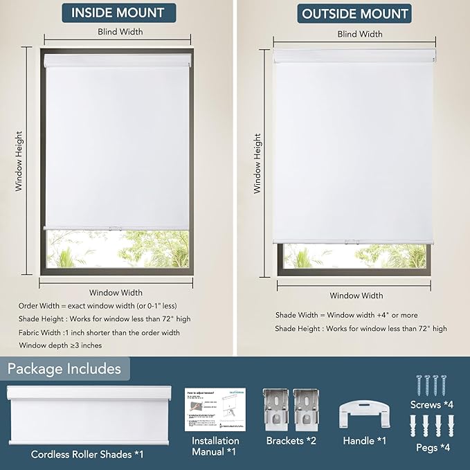 Roller Window Shades Free-Stop Cordless Blackout Blinds, Thermal Insulated Pull Down Shades for Windows, UV Protection Fabric Roller Blinds for Home Office (32.25" Wx72 H, White)