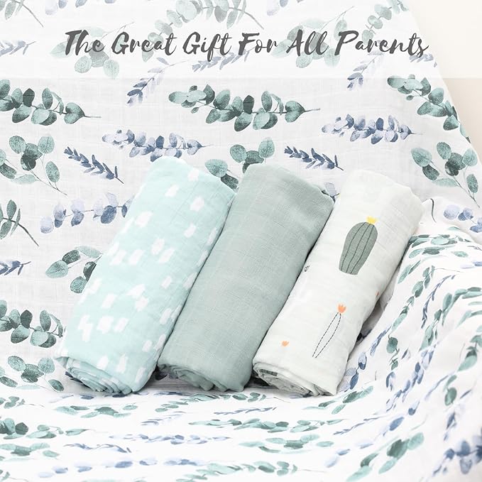 Little Grape Land Muslin Swaddle Blankets 47''x47'' 4 Pack, 100% Cotton Large Size Baby Swaddles for Newborn, Soft Breathable Baby Blankets for Newborns, Green