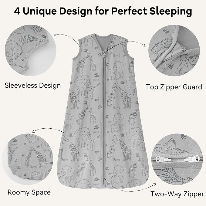 Unnivoll Baby Sleep Sack 0-6 Months 0.5 Tog Wearable Blanket Baby, 3 Pack 100% Cotton Lightweight Sleeping Sack with 2-Way Zipper for Newborn Infant Apricot Gray Green Elephant