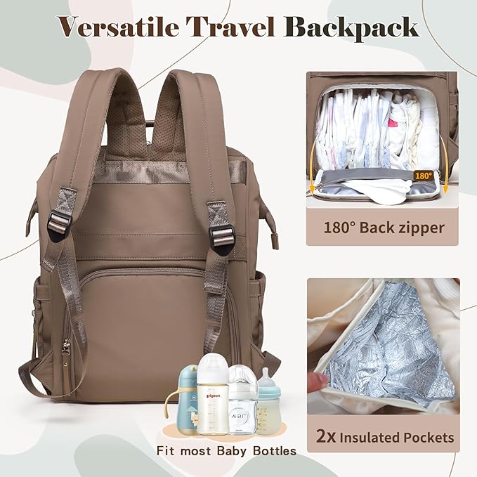 miss fong Diaper Bag Backpack - Baby Diaper Bag Travel Diaper Backpack with Diaper Changing Pad Large Capacity Baby Backpack with 12 Pockets for Mom & Dad -Brown