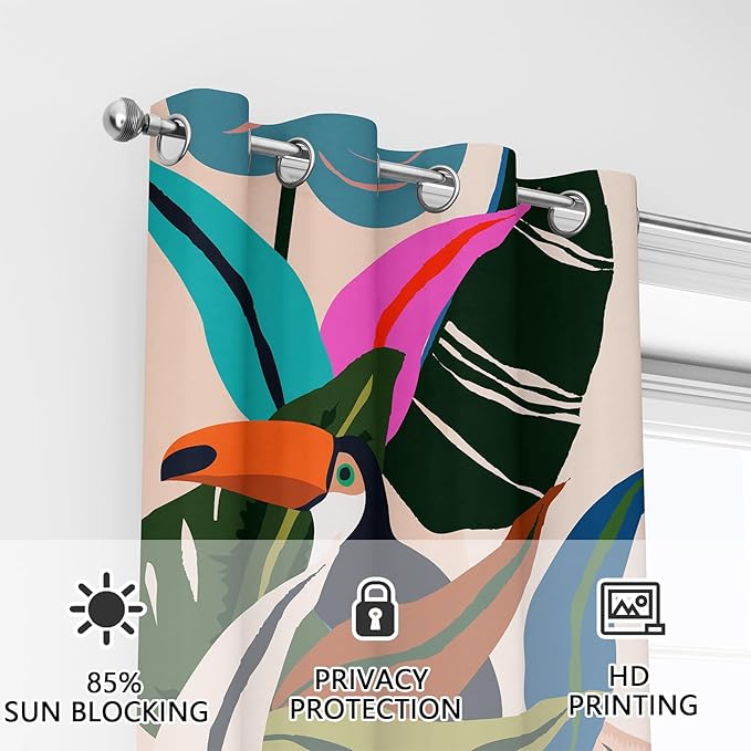 Colorful Tropical Blackout Curtains, Abstract Palm Leaf Boho Jungle Toucan Birds Window Drapes, Darkening Grommets for Living Room Bedroom Decor 2 Panels 52"X84" Inches