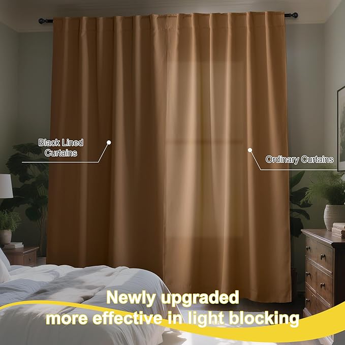 NICETOWN Gold Brown 100% Blackout Curtains for Bedroom, 52x84 Inches Set of 3 for Living Room, Rod Pocket Back Tab & Noise Reducing Drapes Black Lined Insulated Window Treatment Panels