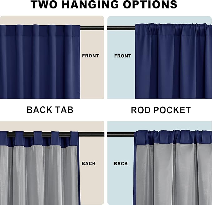 XWZO 100% Blackout Curtains 63 Inches Long with Tiebacks- Heat and Full Light Blocking, Thermal Insulated Rod Pocket & Back Tab Window Panels for Bedroom/Nursery, Navy Blue, W52 x L63, Set of 2