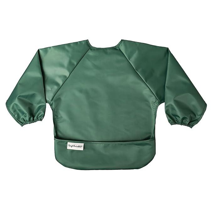 Tiny Twinkle Long Sleeve Bib for Babies & Toddlers | 2-Pack Waterproof Smock Bib for Eating | Machine Washable & Mess-Proof Feeding Essentials | Newborn Shower Gift (Slate Olive,6–24M)