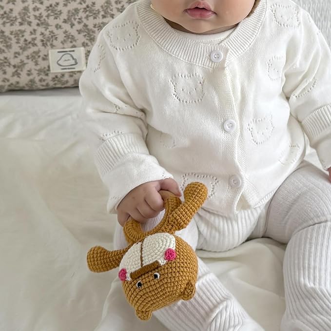 DICHA Wood Baby Rattle-Crochet Baby Rattle- Infant Rattle Sensory Development Wooden Toys Set-Includes Beech Wooden Teething Ring-Bear