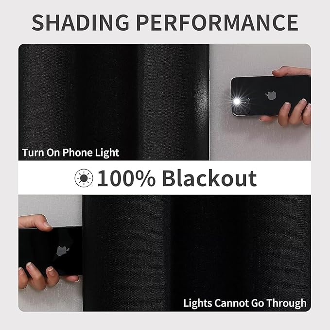 Joydeco Black Blackout Curtains 63 Inch Long 2 Panels Set for Bedroom, 100% Blackout for Living Room, Faux Linen Short Small Textured Grommet Drapes