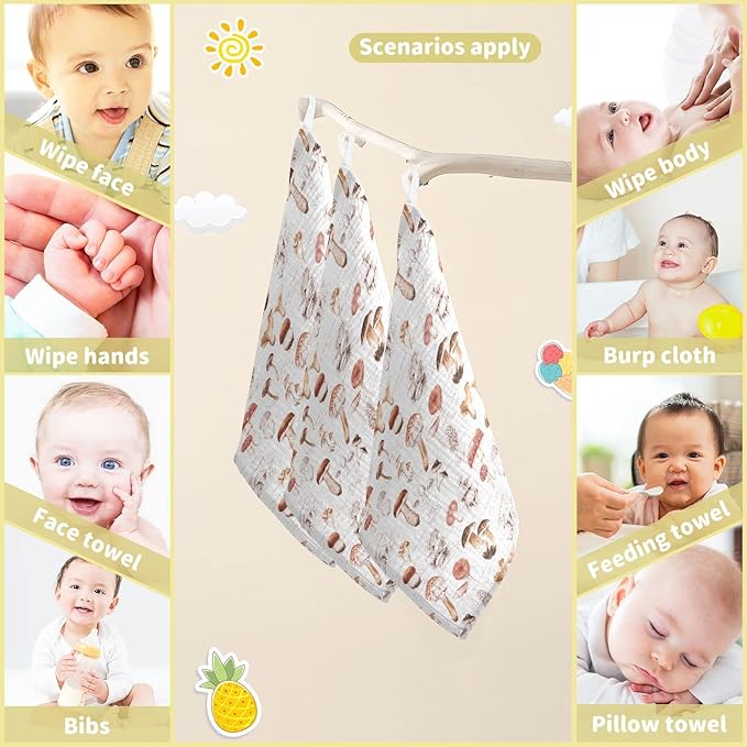 Baby Washcloths Cotton Different Mushrooms Baby Muslin Washcloths Soft Baby Face Towel for Newborn Infants Baby Wipes, 11.8 X 11.8 Inch, 3 Pack