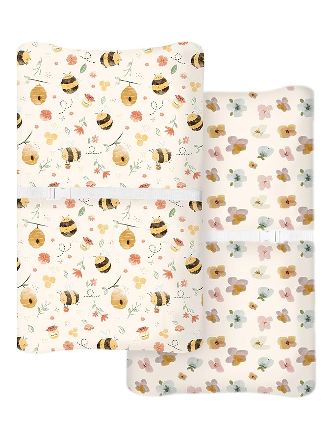 Changing Pad Cover for Baby Boys Girls 2 Pack, Fits Standard 32”×16” Changing Table Pads, Silky Breathable Stretch Knit, Machine Washable (Bee Happy)