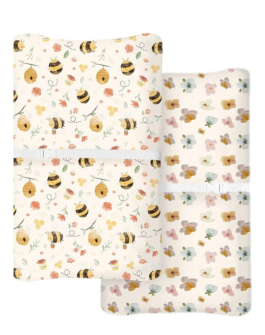 Changing Pad Cover for Baby Boys Girls 2 Pack, Fits Standard 32”×16” Changing Table Pads, Silky Breathable Stretch Knit, Machine Washable (Bee Happy)