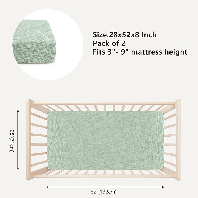 Bearmoss Muslin Crib Sheets - 100% Cotton Baby Crib Sheets Fitted for Standard Crib Mattress & Toddler Bed Mattress 52"x28" Soft Breathable Crib Sheet Neutral for Boys Girls - 2 Pack (Bamboo)