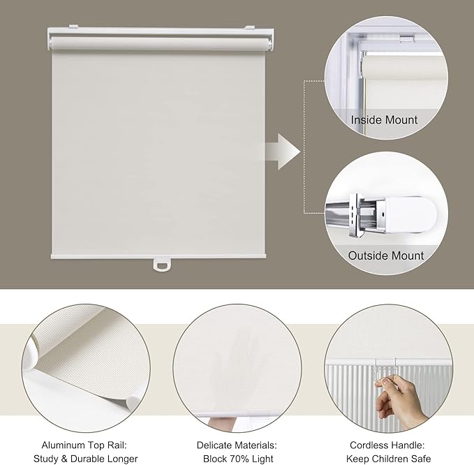 AOSKY Cordless Roller Shades for Windows Light Filtering Shades with 5% Openness Solar Screen Semi Sheer Roller Blinds UV Protection for Office and Home. Easy to Install 49" W x 72" H (White)