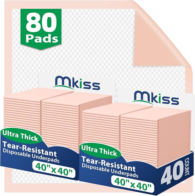 MKISS Heavy Duty Bed Pads 40" x 40"(80 Count), Disposable Super Absorbent Incontinence Underpads, Extra Large and Thicken Chucks Pads for Adults, Children, Babies, Elderly and Pets