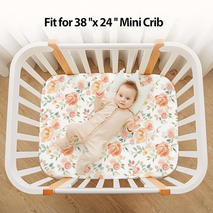 Baby Mini Crib Sheets Girl, Portable 38”x26” Pack and Play Sheets Fitted for Playard and Pack N Play Mattress, 3-Pack Soft Microfiber Orange Watercolor Flower