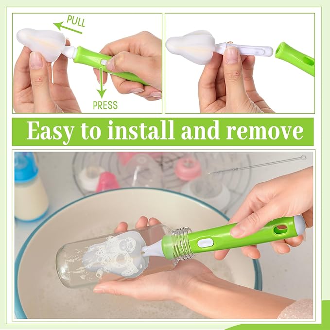 Willinglong 22 Pcs Sponge Bottle Nipple Brushes Set Including 12 Pcs Bottle Sponge Brush Heads 6 Interchangeable Nipple Brush Handles and 4 Long Straw Brushes for Baby Bottles