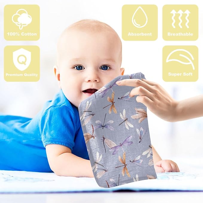 Baby Washcloths Cotton Dragonfly Baby Muslin Washcloths Soft Baby Face Towel for Newborn Infants Baby Wipes, 11.8 X 11.8 Inch, 3 Pack Lilac