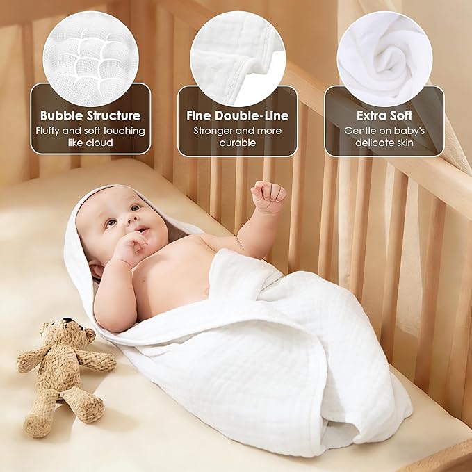 Sunny zzzZZ Muslin Hooded Baby Bath Towels - 3 Pack 100% Cotton Soft Low-Saturation Pastel Towels Including Classic White for Newborns, Infants, Toddlers - 32x32 Inch - Light Navy and White