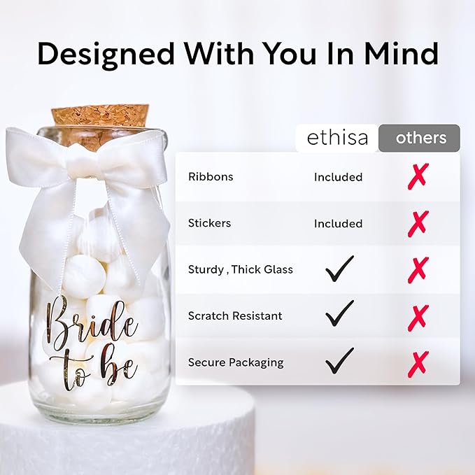 Ethisa 12 Pack Bride To Be Party Favors - Vintage Glass Bottles with Ribbons and Stickers - Bridal Shower Favors for Guests and Table Centerpieces Decorations - Sturdy Bachelorette Theme Candy Jar