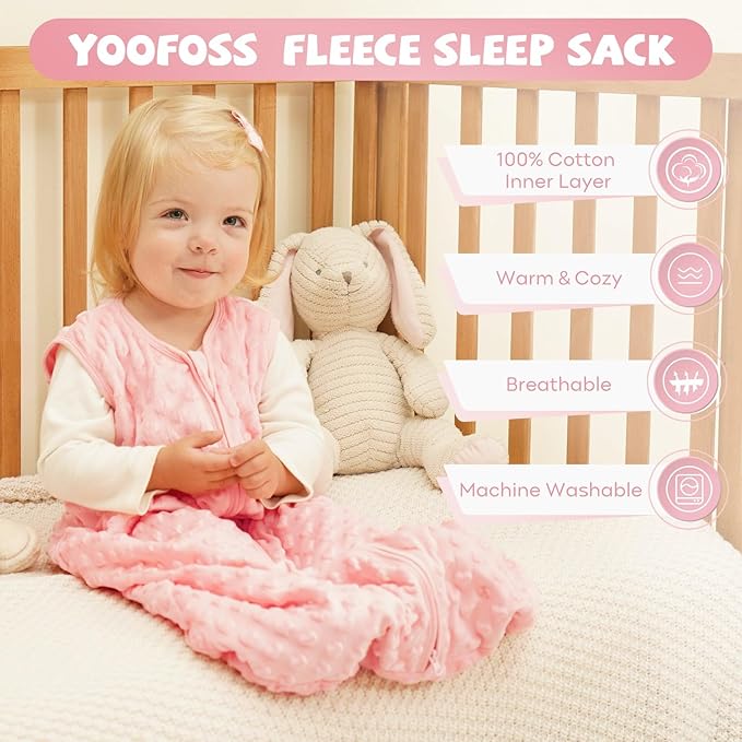 Yoofoss Fleece Baby Sleep Sack 6-12 Months with Plush Dots, TOG 1.5 Baby Wearable Blanket with 2-Way Zipper, Cotton Toddler Sleep Sack Fleece