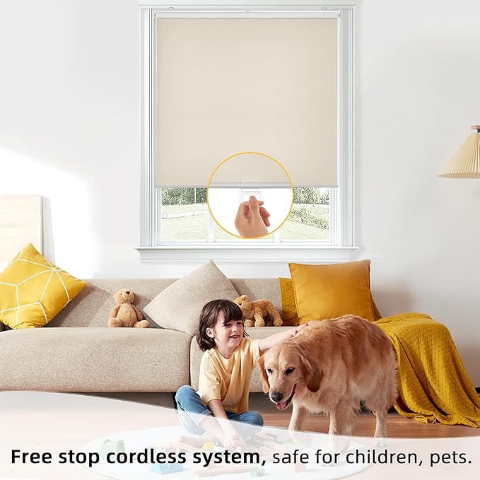 ChrisDowa Cordless Free-Stop 100% Blackout Blinds for Windows, Roller Windows Shades with Thermal Insulated, UV Protection Fabric for Living Room, Office and Home. Easy to Install.Beige,24" W X 72" H