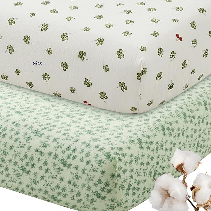 SiinvdaBZX 2 Pack Pack n Play Sheets, Ultra Soft Muslin Cotton Mini Crib Sheets Breathable Neutral Toddler Playard Bedding Cover for 38"x27" Portable/Mini Crib Mattresses (Leaf + Clovers)