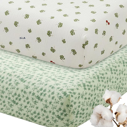 SiinvdaBZX 2 Pcs Muslin Crib Sheets Neutral, Ultra Soft Cotton Breathable Fitted Baby Crib Mattress Sheets for 52"x28" Standard Toddler Mattress (Leaf + Clovers)