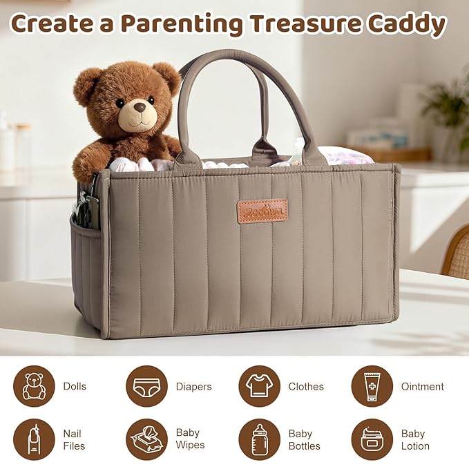 Zooawa Baby Diaper Caddy Organizer, Portable Nursery Storage Basket with Compartments, Handle & Shoulder Strap for Newborn Baby Essentials, Gift for Baby Shower, Nursery, Travel, Car, Mocha Brown