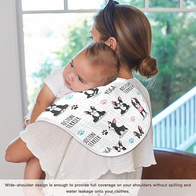 Qinllo 2 Pack Muslin Burp Cloths Dogs Yoga White Cotton Baby Burp Cloths Absorbent Burping Cloth Soft Spit Up Rags for Newborn Baby Boys Girls 22x11 Inch