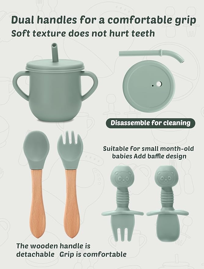 JELLDJK 24 PCS Silicone Baby Feeding Set, Baby Led Weaning Supplies Includes Suction Bowls and Divided Plates, Adjustable Silicone Bib, Spoons&forks, Training cup with straw (Green+Brown+Beige)