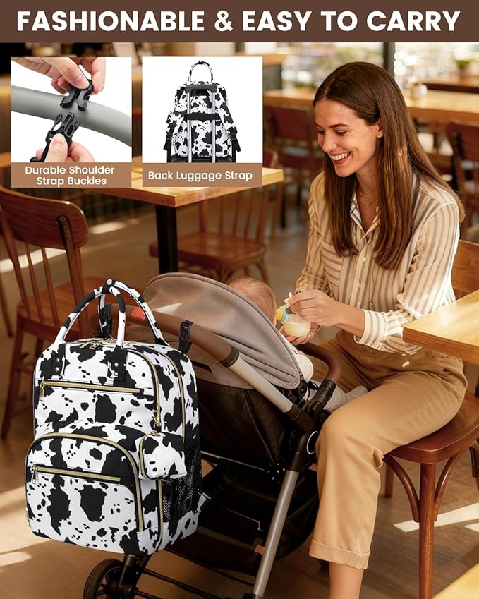 Diaper Bag Backpack,Baby Essentials Diapers Bag with Pacifier Case,Multipurpose Stylish Large Capacity Travel Backpack for Baby Girl/Boy(L-Cow Print)