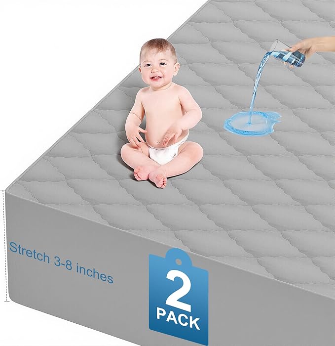 2Pack Waterproof Crib Sheets for Boy, Girl - Cotton 52X28 Fitted Crib Sheets Crib Mattress Protector Sheets,Soft Toddler Bed Sheets,Washable Infant Fitted Baby Bed Sheets (Gray, 52X28inch)
