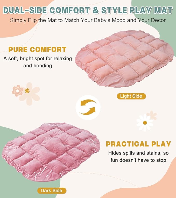 5-in-1 Baby Play Gym and Tummy Time Mat, Tummy Time Pillow & 12 Learning Cards, Plush Activity Mat with 6 Toys, Baby Gym, Convertible to Ball Pit, Baby Gift, Light Pink