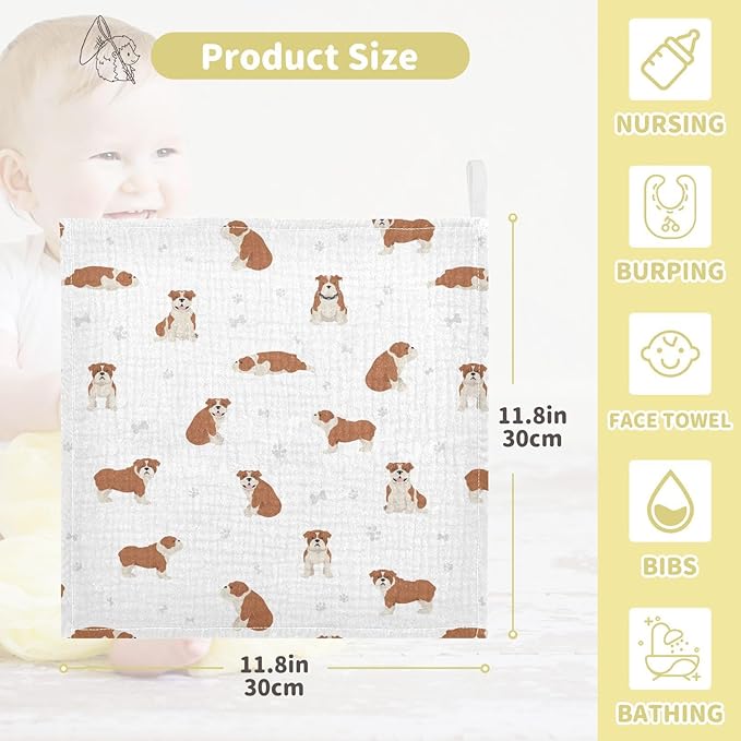 vvfelixl Baby Cotton Washcloths English Bulldog Infants Bath Towel for Unisex Puppy Face Towels for Newborn, Natural Baby Wipes Delicate Skin, 11.8 X 11.8 inch, one sizex5