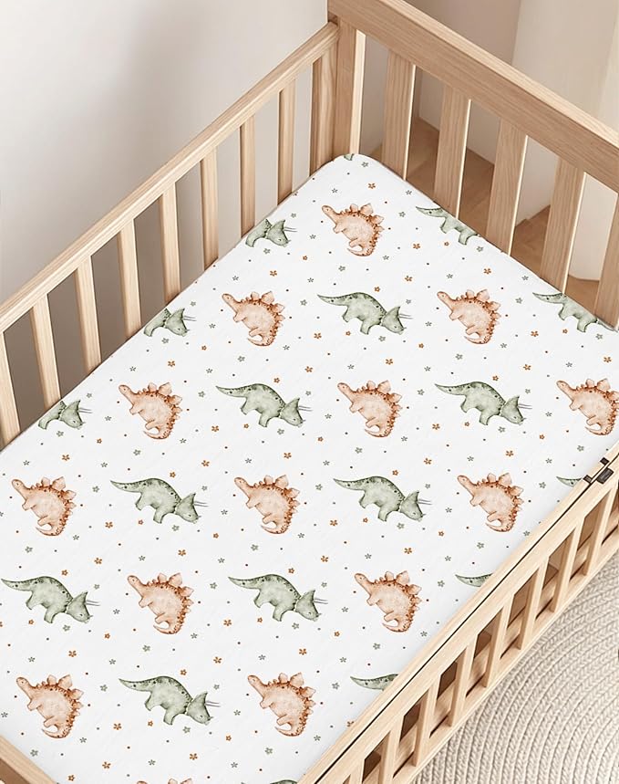 Pack and Play Sheets 2 Pack, Fitted Jersey Knit Mini Crib Sheets for Baby Boys and Girls, Compatible with Graco Pack N Play and Mini Crib Mattress (Tiny Dinos, Pack N Play/Mini Crib Sheets)