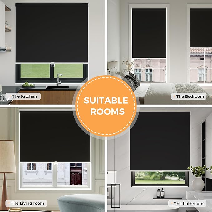 Cordless Roller Shades Blackout Blinds for Windows Room Darkening Rolled Up Shades with Spring System, UV Protection Window Shades Door Blinds for Home and Office (Black, 30" W x 72" H)