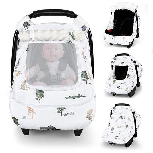 Winter Car Seat Cover Baby with Sunshade & Dual Zipper Windows - Minky Bubble Lined Windproof Soft Shell, Warm Newborn Car Seat Canopy Covers, Elastic Bottom for Stroller & Infant Car Seat, Animal