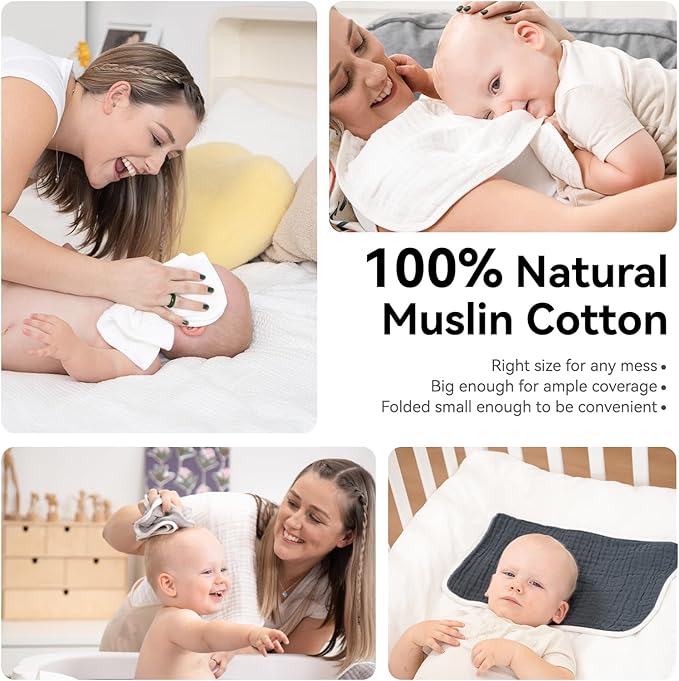 Synrroe Burp Cloths Large, Muslin Burp Cloths for Baby Girls and Boys, Pack of 4 Extra Absorbent and Soft Muslin, 6 Layers 20 by 10 Inches 100% Cotton (Blue-Grey 4 Pack)