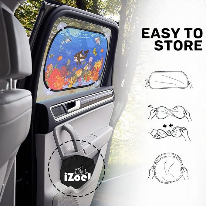 MOVINPE Car Sun Shade for Baby Kids 2 Pack Static Cling Side Window Car 80GSM Rear Sunshades Universal with 8 Suction Cups and Storage Bag - Sun Glare and UV Rays Protection (Undersea Animals)