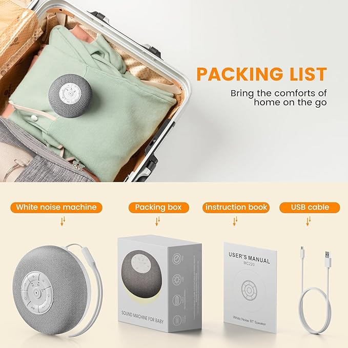 YEVIK Portable Sound Machine for Baby, Soothing Sleep Assistant with 39 Sounds & Night Light for Nursery, Travel, Kids & Adults (USB-C Rechargeable, Auto-Off Timer)