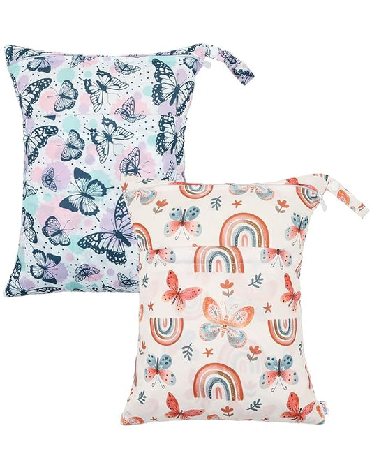 ALVABABY 2 pcs Cloth Diaper Wet Dry Bags Waterproof Reusable with Two Zippered Pockets Travel Beach Pool Daycare Soiled Baby Items Yoga Gym Bag for Swimsuits or Wet Clothes 2LM26