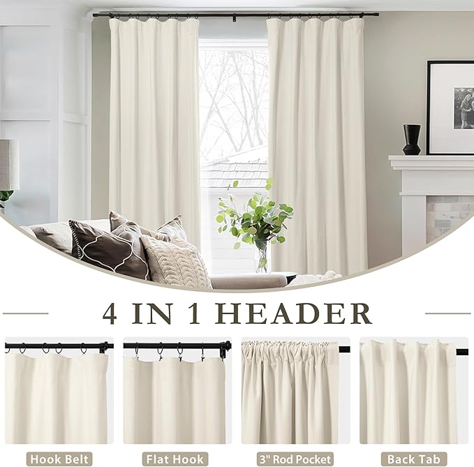 ChadMade 100% Blackout Window Drapes for Living Room, Rod Pocket Back Tab Hook Belt Flat Hooks Curtains for Bedroom Living Room Privacy Protect Curtains, Beige, 2 Panels, 50 W x 168 L Inch