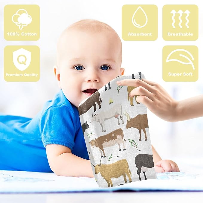 Baby Washcloths Cotton Bulls Cows Cattle Baby Muslin Washcloths Soft Baby Face Towel for Newborn Infants Baby Wipes, 11.8 X 11.8 Inch, 3 Pack White