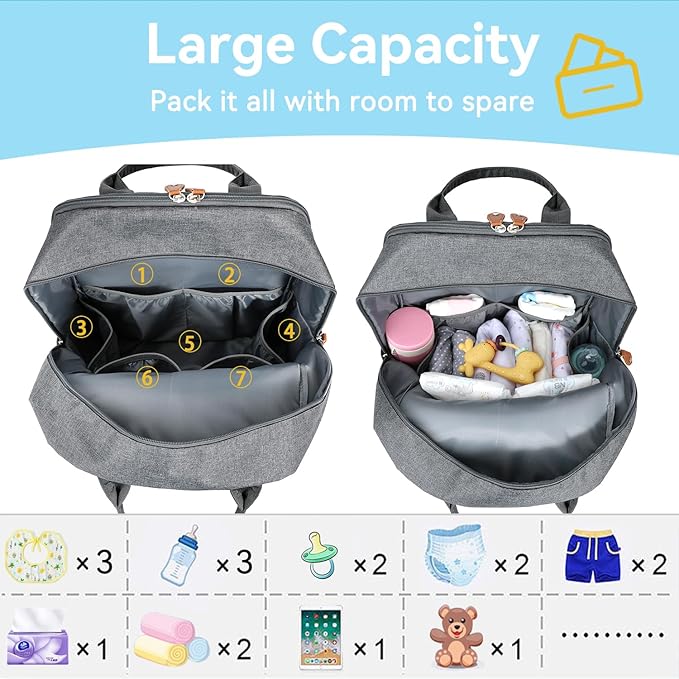 LANDICI Diaper Bag Backpack, Multifunction Baby Diaper Bags with Changing Pad, Stroller Straps & Pacifier Case, Travel Essentials Back Pack for Mom Dad Boy Girl, Large Capacity, Waterproof, Grey