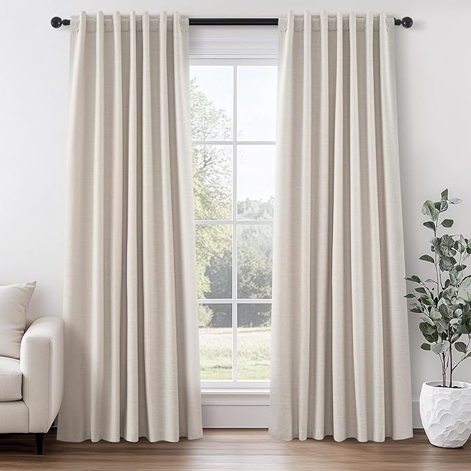 Beige Color Blackout Curtains 90 Inch Long 2 Panels,Back Tab Pleated Heading Tape with Hooks,Minimalist Completely Shaded Thermal Insulated Noise Reducing French Door Drapes Oatmeal